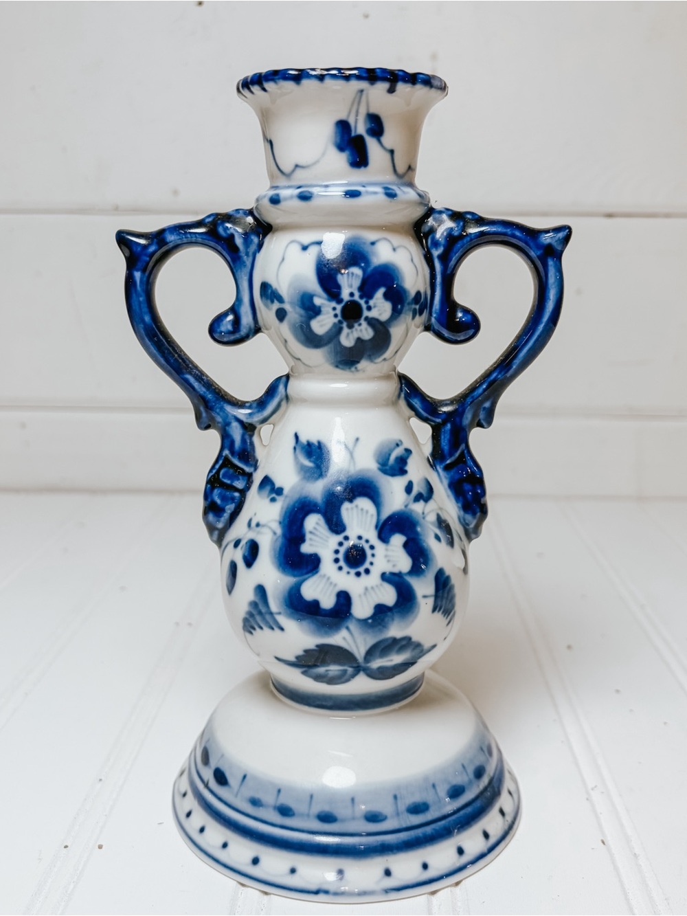 Vintage Russian Gzhel Hand Painted Floral Ceramic Candlestick Holder | Blue